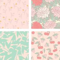 Beautiful flowers and summer fruits seamless pattern background set. Tropical nature wrapping paper or textile design set. Beautiful print with hand-drawn exotic plants. vector