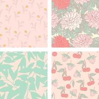 Beautiful flowers and summer fruits seamless pattern background set. Tropical nature wrapping paper or textile design set. Beautiful print with hand-drawn exotic plants. vector