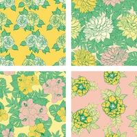 Beautiful flowers and summer fruits seamless pattern background set. Tropical nature wrapping paper or textile design set. Beautiful print with hand-drawn exotic plants. vector