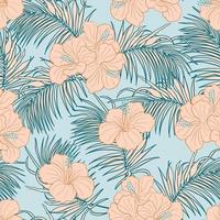 flores de hibisco y hojas de fondo transparente. papel de regalo de naturaleza tropical o diseño textil. hermoso estampado con flores exóticas dibujadas a mano. vector