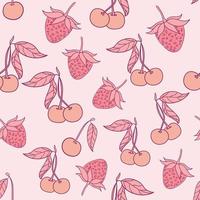 diseño de patrones sin fisuras de cereza y fresa. hermoso diseño de patrones sin fisuras de bayas tropicales. frutas tropicales y hojas de fondo transparente. vector