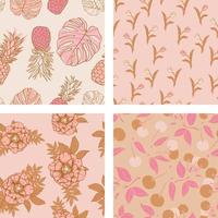 hermosas flores y frutas de verano conjunto de fondo de patrones sin fisuras. papel de regalo de naturaleza tropical o juego de diseño textil. hermoso estampado con plantas exóticas dibujadas a mano. vector