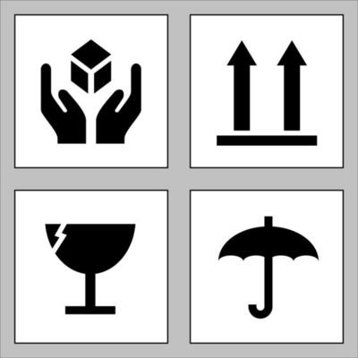 Packing symbols vector illustration set. Cardboard packaging for fragile items. Transport warning signs. Vector