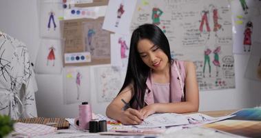 el retrato de una diseñadora de moda asiática dibuja un boceto de ropa de mujer mientras se sienta en el estudio. feliz empresaria nueva está en proceso de crear una nueva colección de ropa.