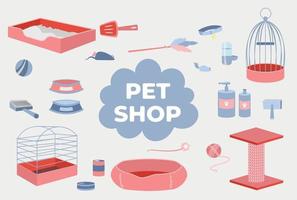Pet shop dog and cat food, toys and cat litter, bird cage. Veterinary store showcase with animal comb and products, accessories. Pink and blue vector illustrations
