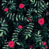 Floral background design featuring a climbing vine plant with leaves and red roses flowers in layers with shadows. Seamless vector pattern illustration in navy, green and red
