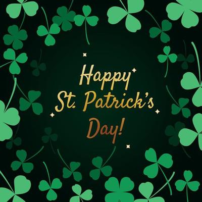 Happy St. Patrick's day celebration greeting banner card vector illustration template. On dark background with green clover