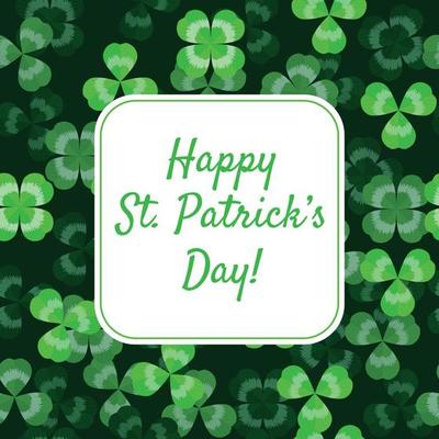 Happy St. Patrick's day greeting banner card vector illustration template. Clover realistic leaves pattern on dark background