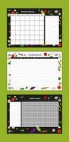 conjunto de vector de diario de alimentos semanal, plantilla de diseño de planificador mensual, rastreador de hábitos. organizador de dietas y bloc de notas con verduras. Lista de tareas imprimibles del horario del calendario.