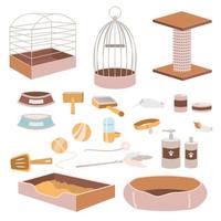 Pet shop accessories dog and cat food, toys and cat litter, bird, hamster cage. Veterinary store showcase with animal comb and products, equipment. Vector illustrations