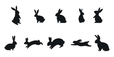 Easter holiday bunnies silhouette set in different shapes and actions isolated on white background. Cartoon vector illustration of rabbits and hares element