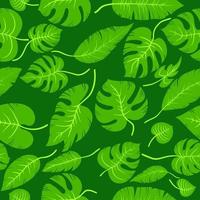 Hand drawn simple leaf brunch monstera and palm leaves. Seamless vector cartoon green tropic leaves jungle plant pattern in layers with shadows. Wallpaper, wrapping, and background.
