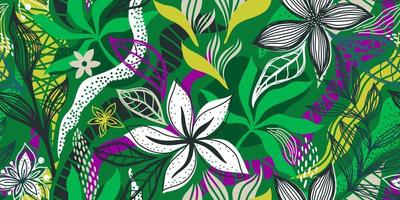 VECTOR SEAMLESS GREEN BANNER WITH WHITE FLOWERS AND COLORFUL TROPICAL LEAVES