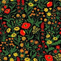 BLACK VECTOR SEAMLESS BACKGROUND WITH A VARIETY OF BRIGHT WILDFLOWERS