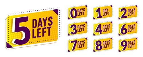 Flashing yellow and purple days left. Stickers and banners timer pack. vector