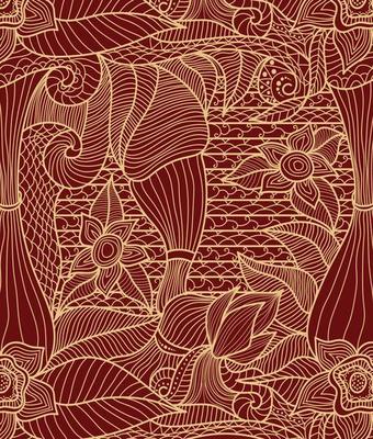 floral abstract for fabric textile, line art abstract ethnic style, gold and red color.
