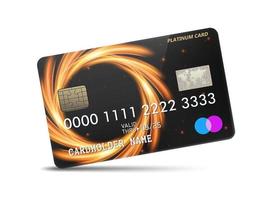 Detailed glossy platinum credit card with wavy neon light decoration, isolated on white background. Vector Illustration