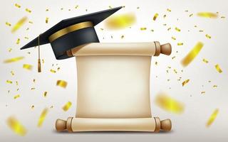 Realistic graduation cap and paper scroll, mortar academic cap with falling gold confetti. Vector Illustration