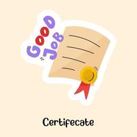 Badge attached with document, flat sticker of certificate
