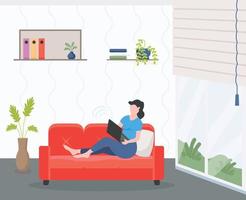 Casual person using laptop on sofa, flat illustration of work from home vector