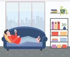 un usuario de teléfono en un sofá, ilustración plana vector