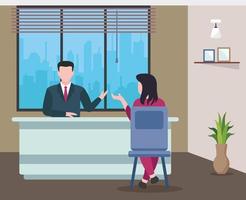 Flat illustration demonstrating office meeting, female and male having discussion vector