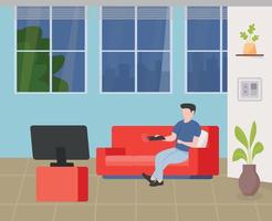 Person watching TV holding remote in a hand, flat illustration vector