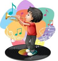 A boy playing trumpet and music melody symbols vector