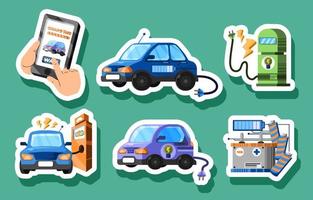 Electric Car with Charging Station and Battery Sticker vector