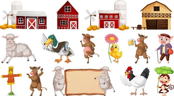 Barn buildings and many farm animals