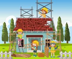 sitio de construcción de casas con dibujos animados de trabajadores vector