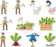 Sticker set of farm objects and farmer cartoon characters vector