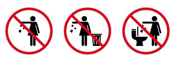 advertencia, por favor, deje caer la basura en el icono de la papelera. mantenga limpio el pictograma de glifo. no tire basura en el letrero del baño y el icono de silueta de mujer. prohibido tirar basura, residuos, símbolo de basura. ilustración vectorial vector
