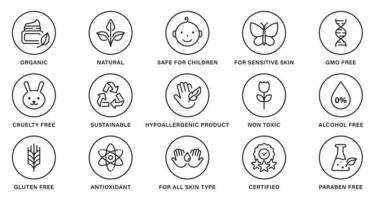 Natural Healthy Eco Bio Food, Cruelty Free, Non Alcohol and Paraben Label. Cosmetic Organic Product Line Black Set Stamp. Nature Sustainable Product Outline Sticker. Isolated Vector Illustration.