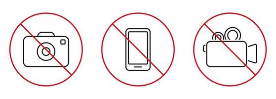 signo de contorno de área prohibida de fotografía. no hay conjunto de iconos de prohibición de línea negra de teléfono móvil de cámara fotográfica de video. no hay zona permitida para grabar el símbolo de parada rojo. cámara prohibida. ilustración vectorial aislada. vector