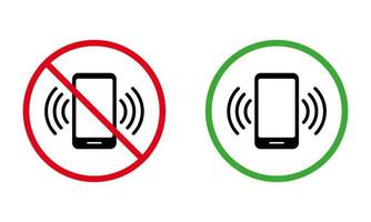 conjunto de iconos de silueta negra de llamada de teléfono móvil. zona de prohibición de teléfonos celulares coloque el signo redondo rojo prohibido. use el símbolo verde del área permitida del teléfono inteligente. Advertencia por favor no hables. ilustración vectorial aislada. vector