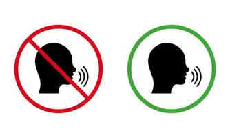 Man Talk Black Silhouette Icon Set. Forbidden Speak Zone Red Round Sign. Allowed Speak Area Shout Green Symbol. Please Keep Silence. Ban Warning No Loud Noise. Isolated Vector Illustration.