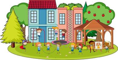Scene with many kids playing in the lawn vector
