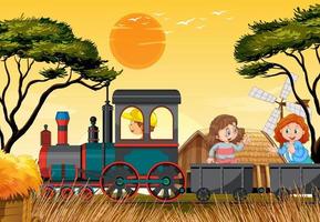 A kids in a train with natural scene