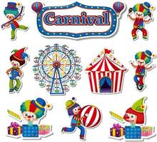 Sticker set of amusement park objects and cartoon characters vector