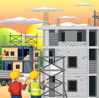 sitio de construcción de edificios con trabajadores vector