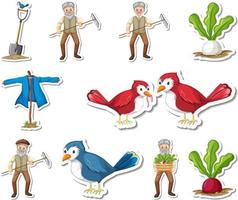 Sticker set of farm objects and farmer cartoon characters vector