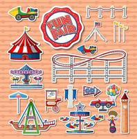 Sticker set of amusement park objects and cartoon characters vector