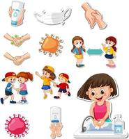 Sticker set of covid19 and cartoon characters vector