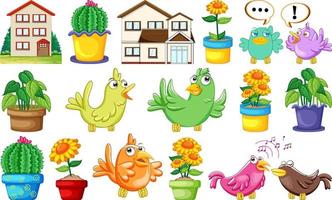 Different house designs and cute birds vector