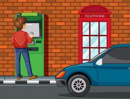 ATM on street scene with a man withdraw money vector