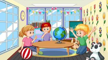 Kindergarten classroom scene with children vector