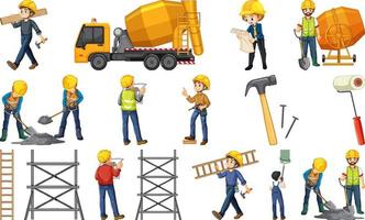 Set of construction site objects and workers vector