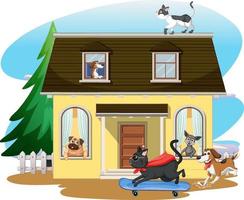 Outdoor house scene with domestic animals cartoon vector