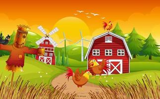 Farm scene with chickens and scarecrow vector